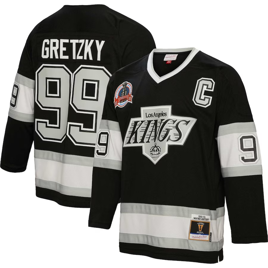 Men's Los Angeles Kings Wayne Gretzky Mitchell #99 Ness Black Big & Tall 1992/93 Blue Line Jersey Men's Los Angeles Kings Wayne Gretzky Mitchell #99 Ness Black Big & Tall 1992/93 Blue Line Jersey